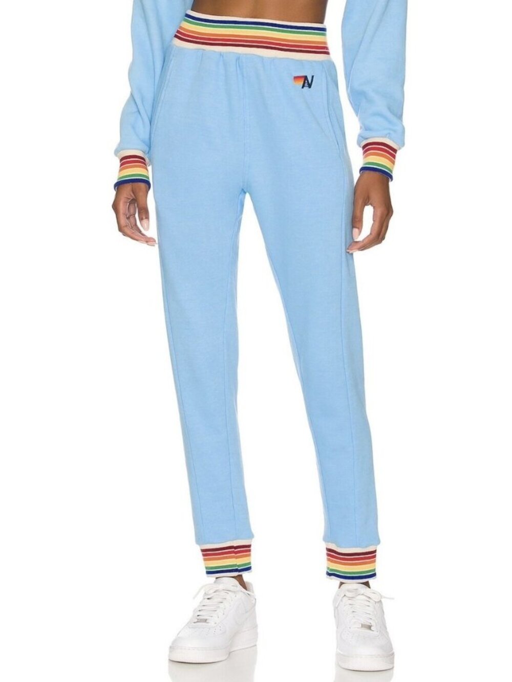 Aviator Nation Women's Rainbow Rib Jogger Sweatpant Size XS Sky Blue Pockets